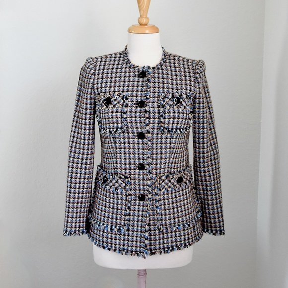 Rebecca Taylor HOUNDSTOOTH TWEED Blue/Black Tweed Blazer/Jacket NWT Sz 0 - Picture 9 of 15